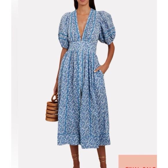 Poupette St Barth Rein MIDI Dress Floral Swiss Dot Medium Boho Puff Sleeve F16 - Picture 2 of 11